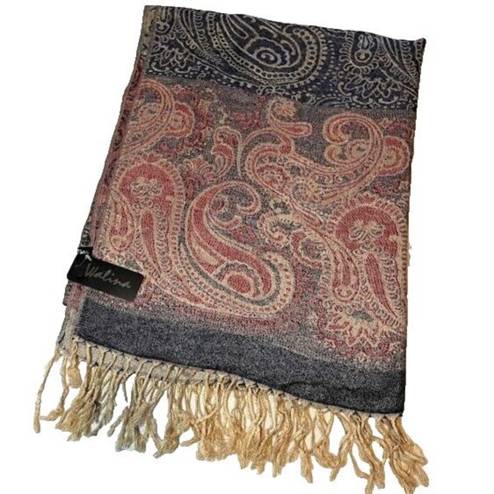 NWT Walina Bohochic Silk/Viscose Blend Taupe/Grey/Red 70"x28" Fringe Shawl/Scarf